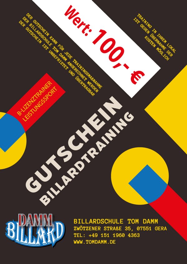 Gutschein für Billardtraining Pool-Snooker Wert 100,- €.